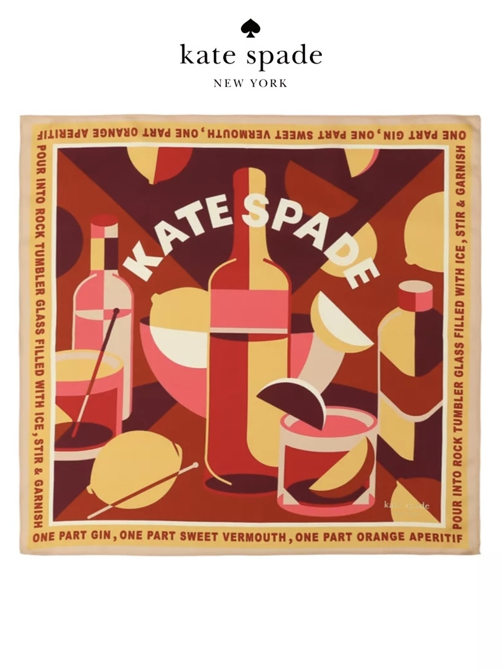 NWT kate spade Italian Bitters Cocktail Recipe Red, Pink & Gold Print Silk Scarf